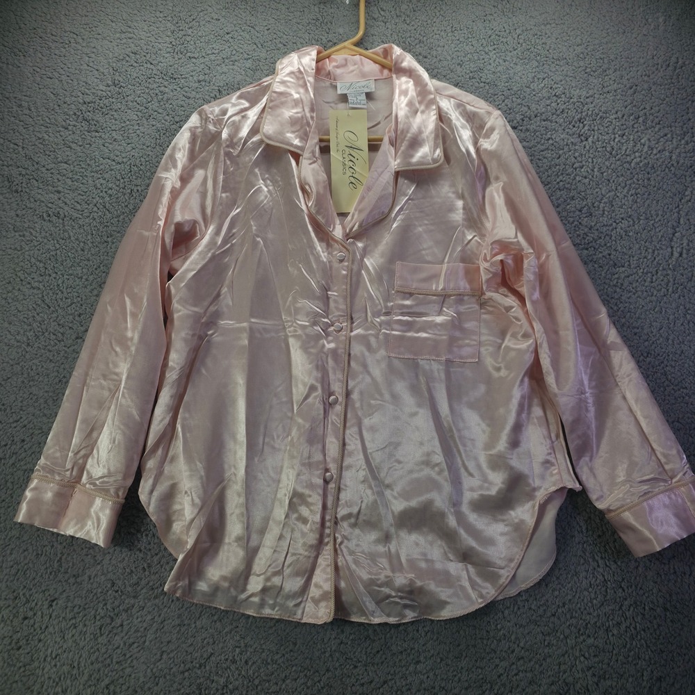 Nicole Classics Pink Satin Pajama Set Long Sleeve Button Up Pants Small NWT